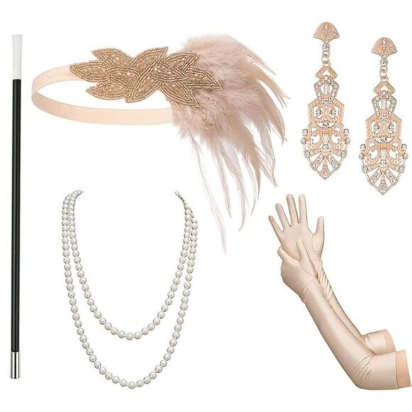 ️5PCS 1920s Gold Accessories Flapper Great Gatsby Vintage Retro Costume Set NEW main image 15